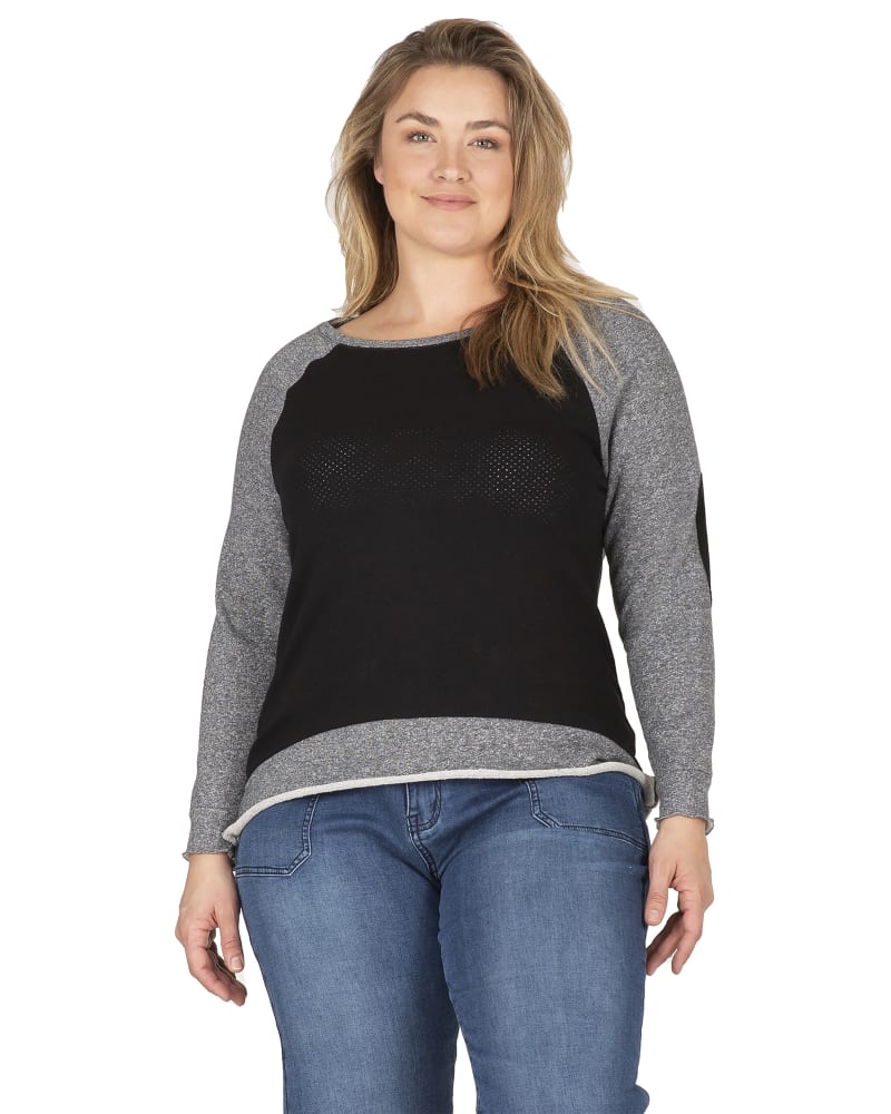 Front of a model wearing a size 1X Charlotte Mesh Overlay Top in BKCHAR by Standards & Practices. | dia_product_style_image_id:275678